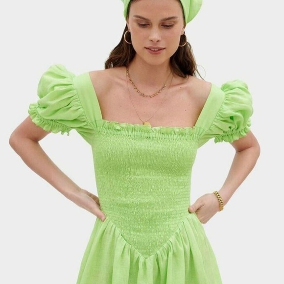 Sleeper Belle Linen Smocked Puff Sleeve Midi Dress Size XL - Picture 2 of 3